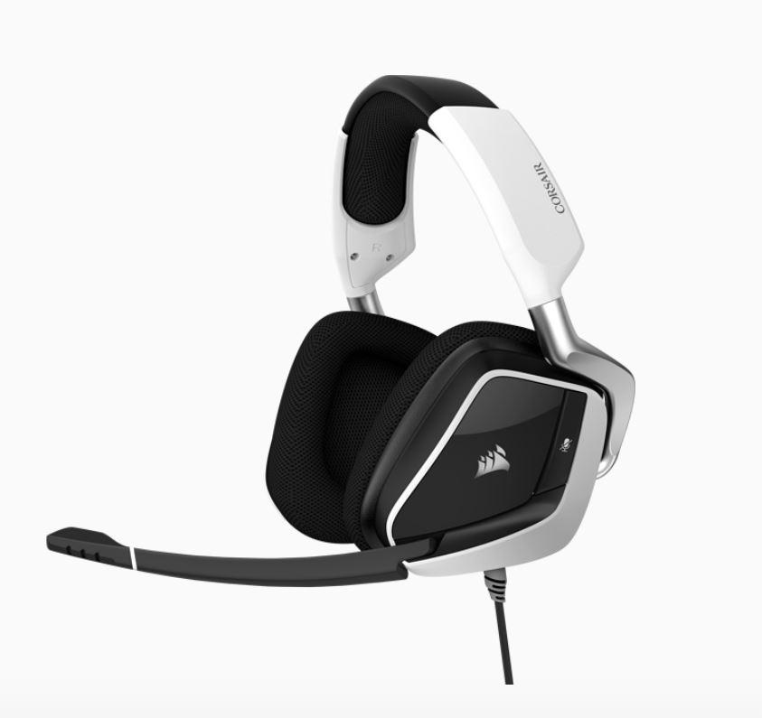 Corsair VOID Elite White USB Wired Gaming Headset with RGB lighting and plush memory foam earpads.