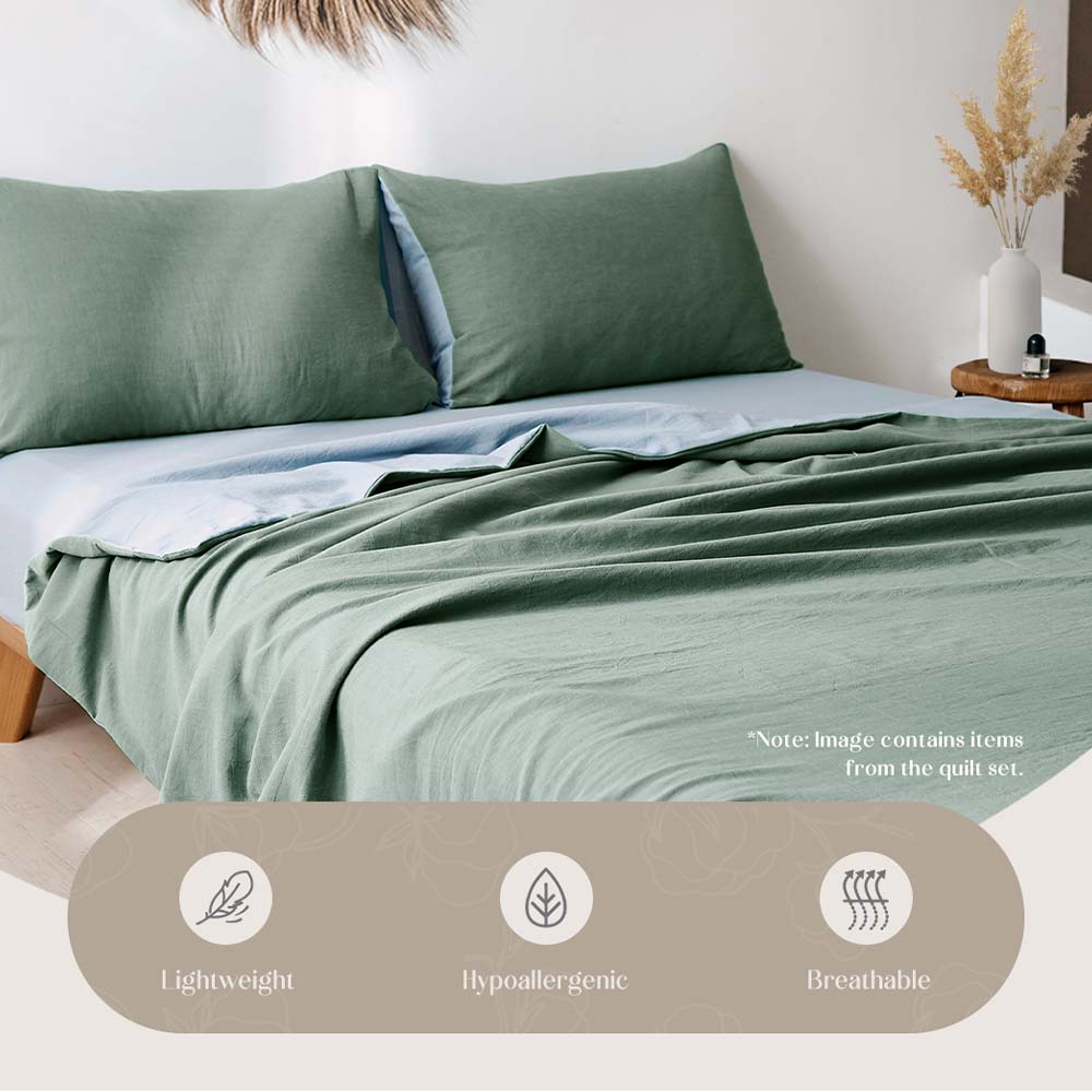 Cosy Club Cotton Sheet Set featuring a flat sheet, fitted sheet, and pillowcase in soft, breathable washed cotton fabric, available in various colors.