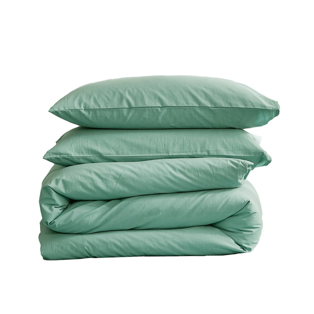 Cosy Club Duvet Cover Quilt Set in Essential Green, featuring soft washed cotton fabric and two matching pillow cases.