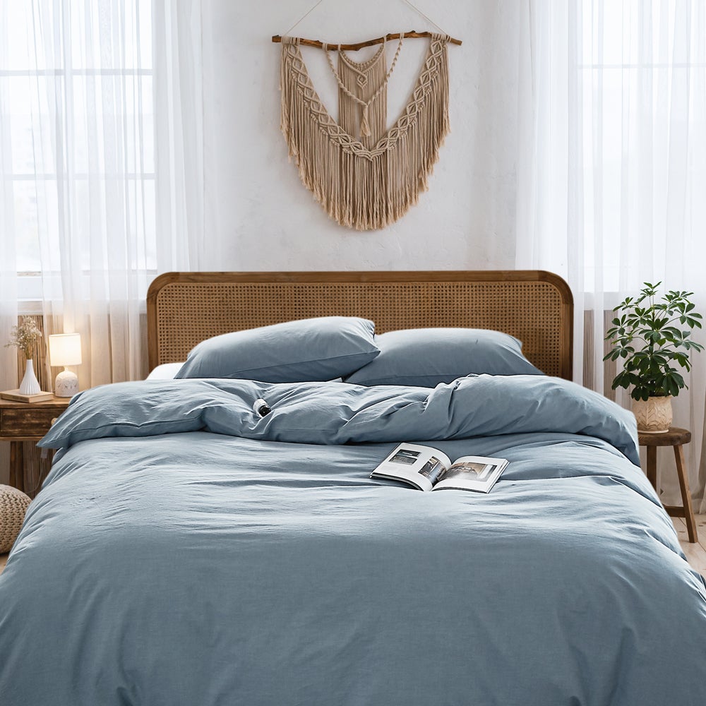 Cosy Club Duvet Cover Quilt Set in essential blue, featuring soft 100% cotton fabric, two pillowcases, and a textured design for ultimate comfort.