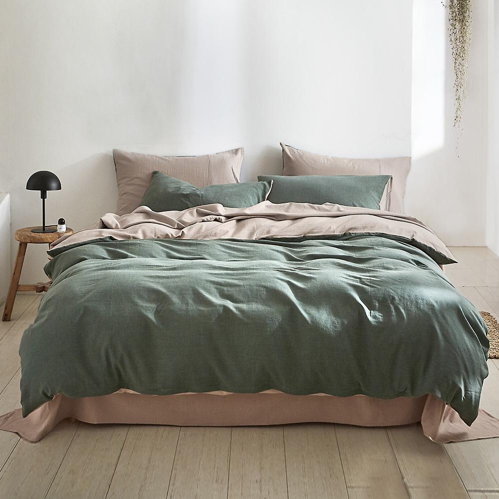 Cosy Club King Quilt Cover Set in Green Beige, showcasing a soft, two-tone design made from 100% washed cotton, perfect for year-round comfort.