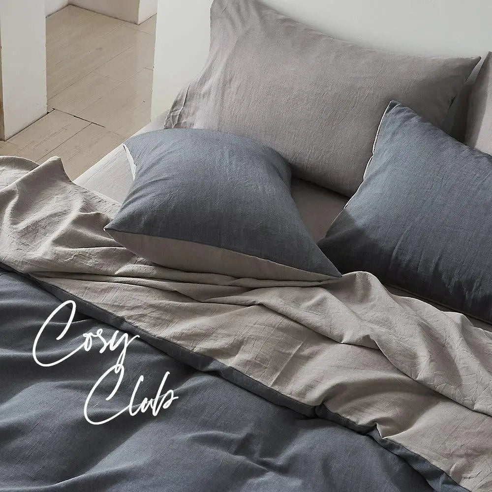 Cosy Club Quilt Cover Set in Stone Navy color, featuring a soft texture and two-tone design, perfect for a queen-sized bed.