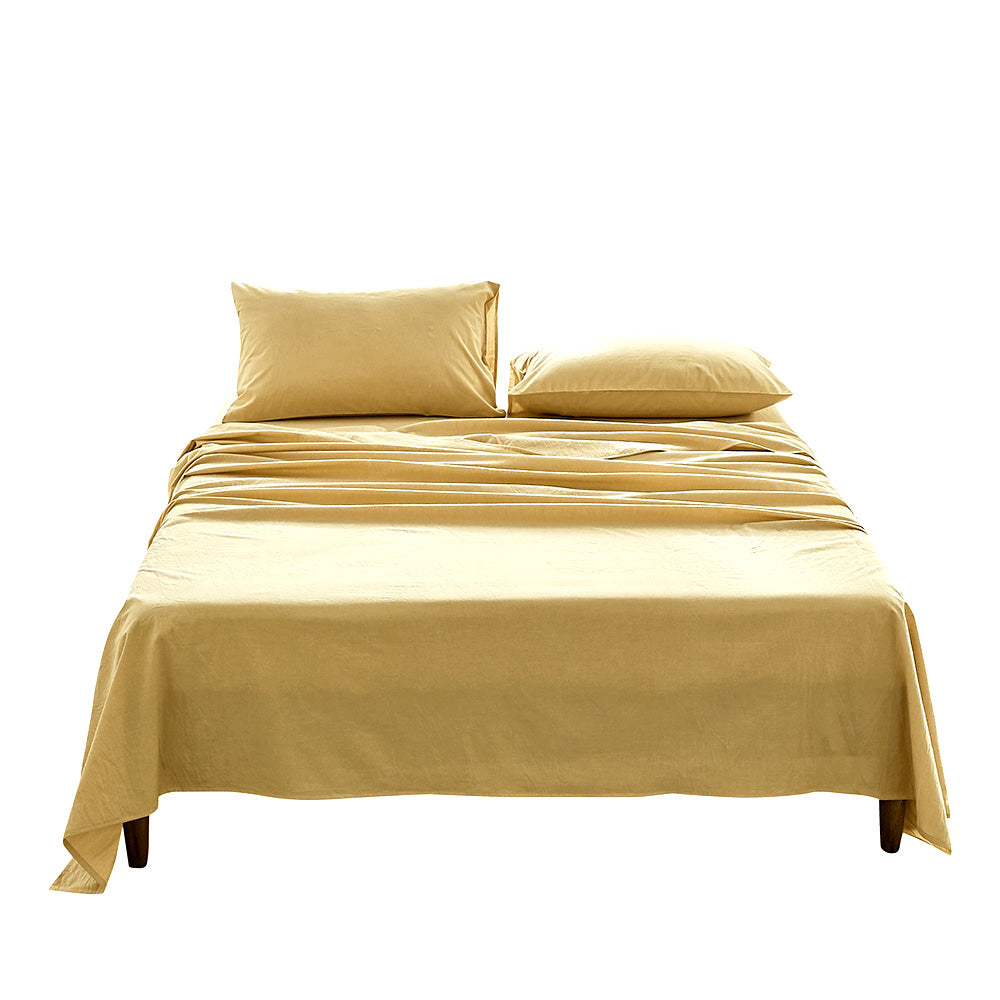 Cosy Club Sheet Set featuring a flat sheet, fitted sheet, and pillow case in soft washed cotton, available in various colors.