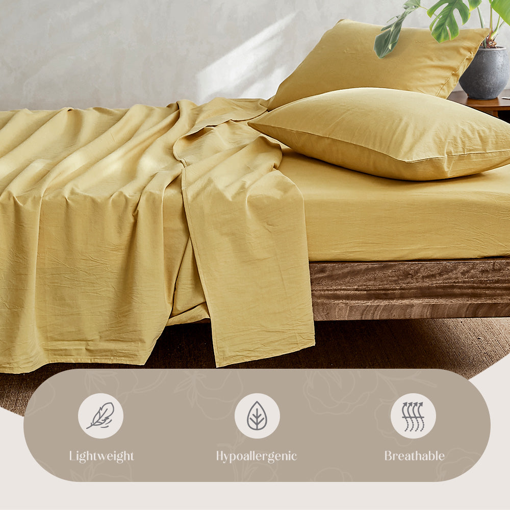 Cosy Club Sheet Set featuring a flat sheet, fitted sheet, and pillow case in soft washed cotton, available in various colors.