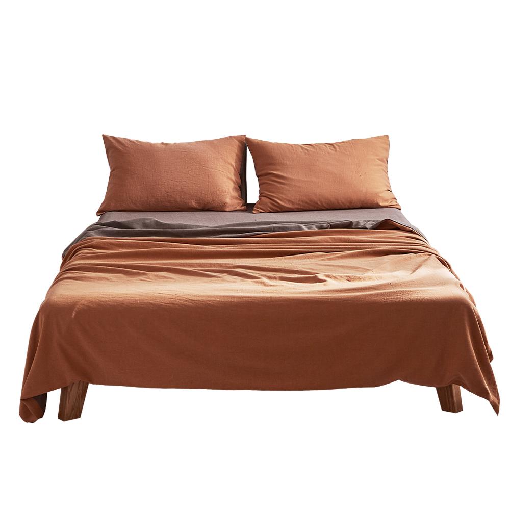 Cosy Club Cotton Sheet Set in double size featuring a stylish orange-brown two-tone design, made from 100% washed cotton for ultimate comfort.