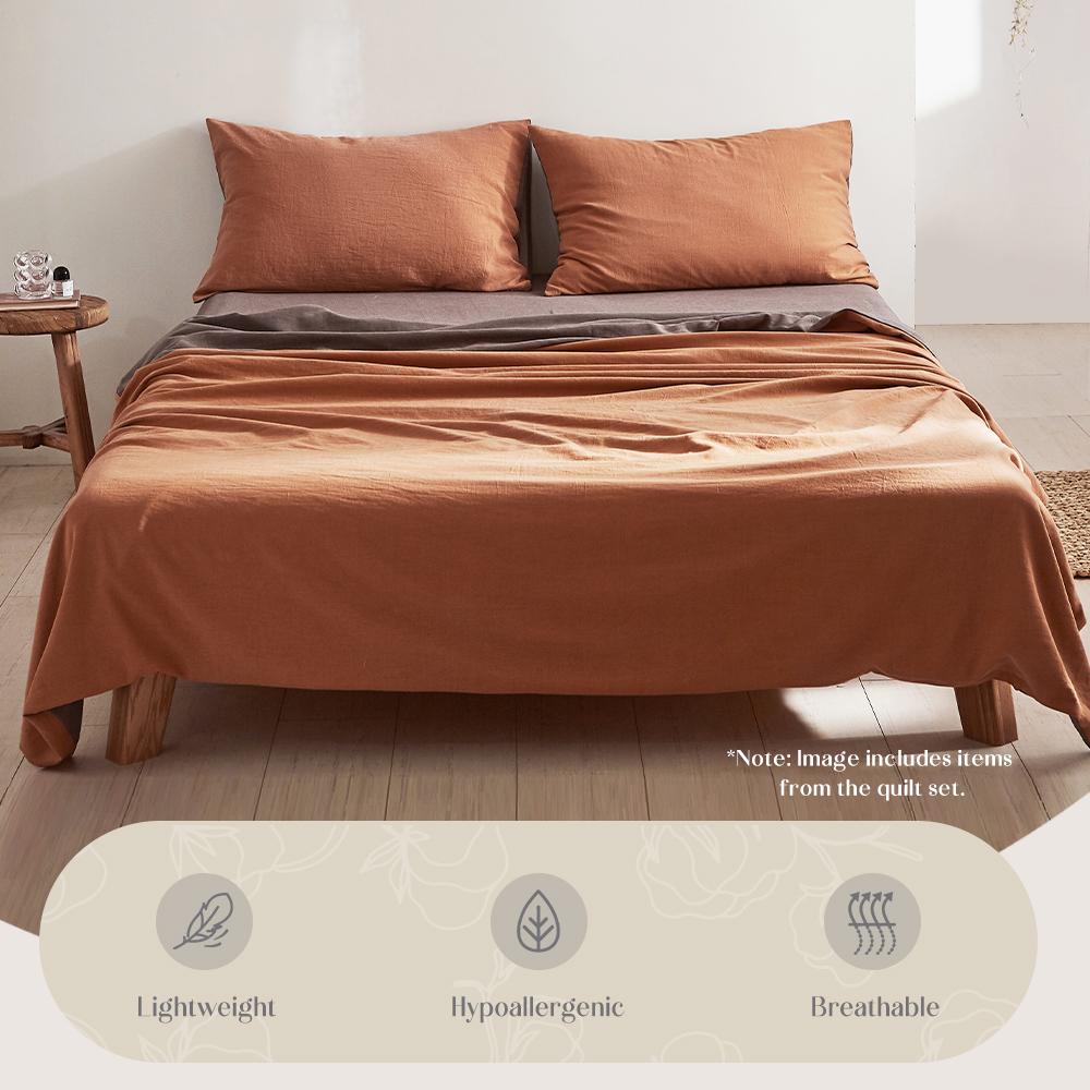 Cosy Club Cotton Sheet Set in double size featuring a stylish orange-brown two-tone design, made from 100% washed cotton for ultimate comfort.