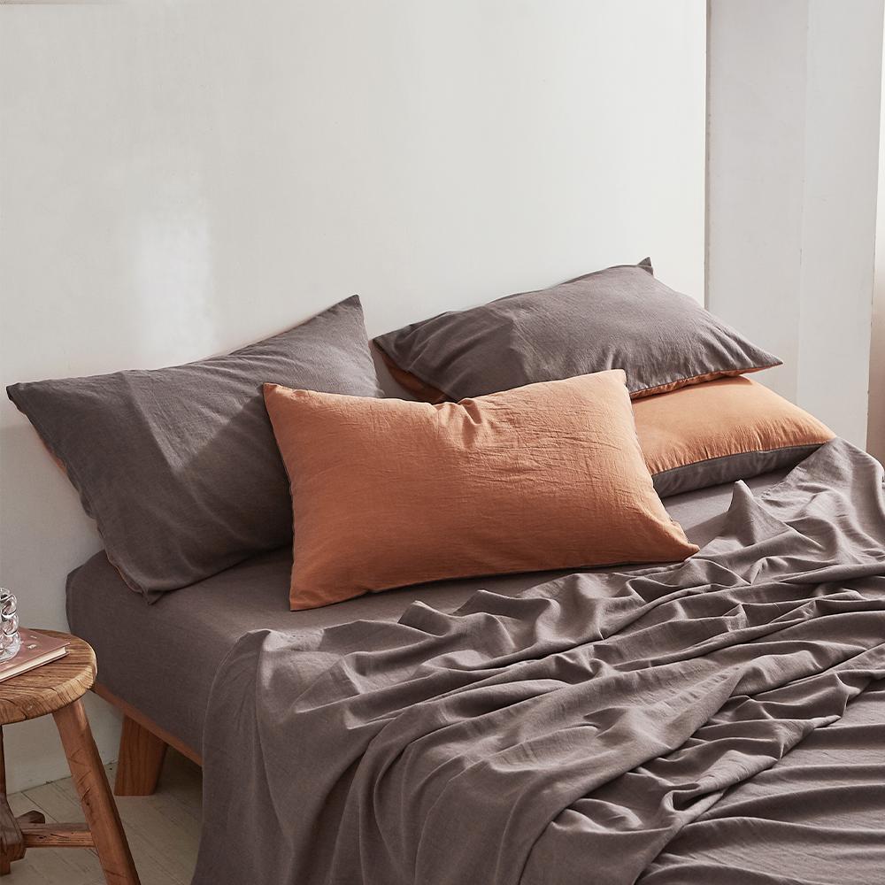 Cosy Club Cotton Sheet Set in double size featuring a stylish orange-brown two-tone design, made from 100% washed cotton for ultimate comfort.