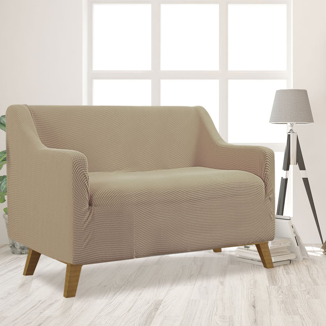 Couch Stretch Sofa Lounge Cover Protector Slipcover for 2 Seater in Sand, showcasing its soft texture and well-stitched edges.