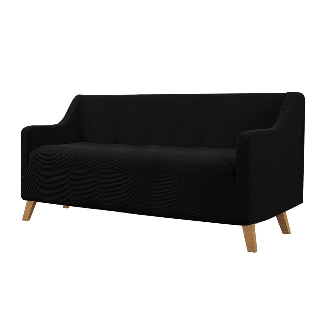 Black Couch Stretch Sofa Lounge Cover Protector Slipcover designed for 3-seater sofas, showcasing its high stretch material and well-stitched edges.