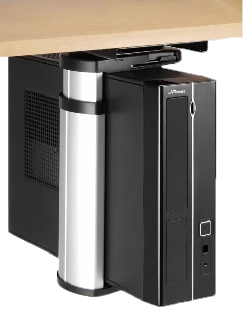 A sleek CPU Support Bracket made of aluminum, securely holding a CPU under a desk, showcasing its modern design and compact features.