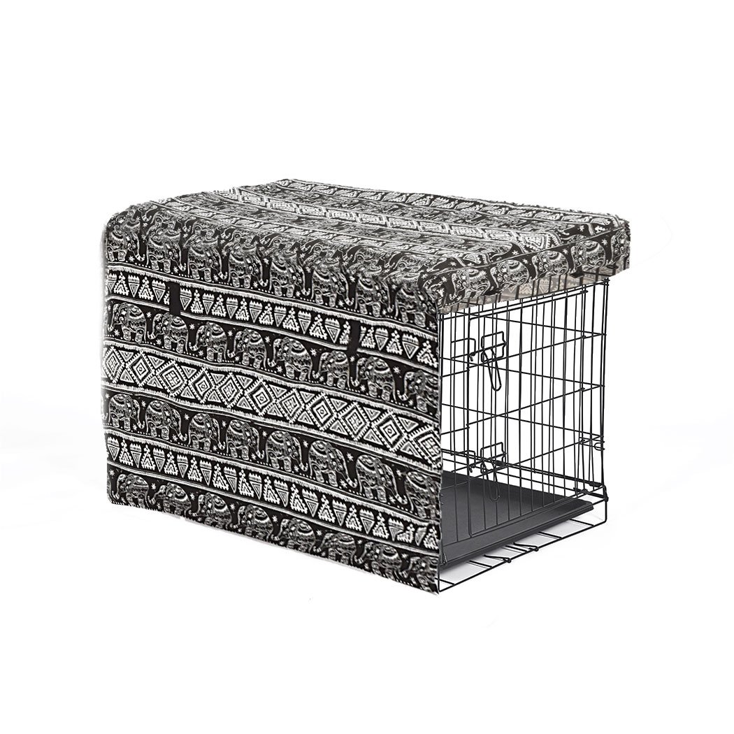 A stylish black crate cover made from durable 600D oxford fabric, featuring a double-sided rolling curtain and hook-and-loop closure, designed for pet comfort.