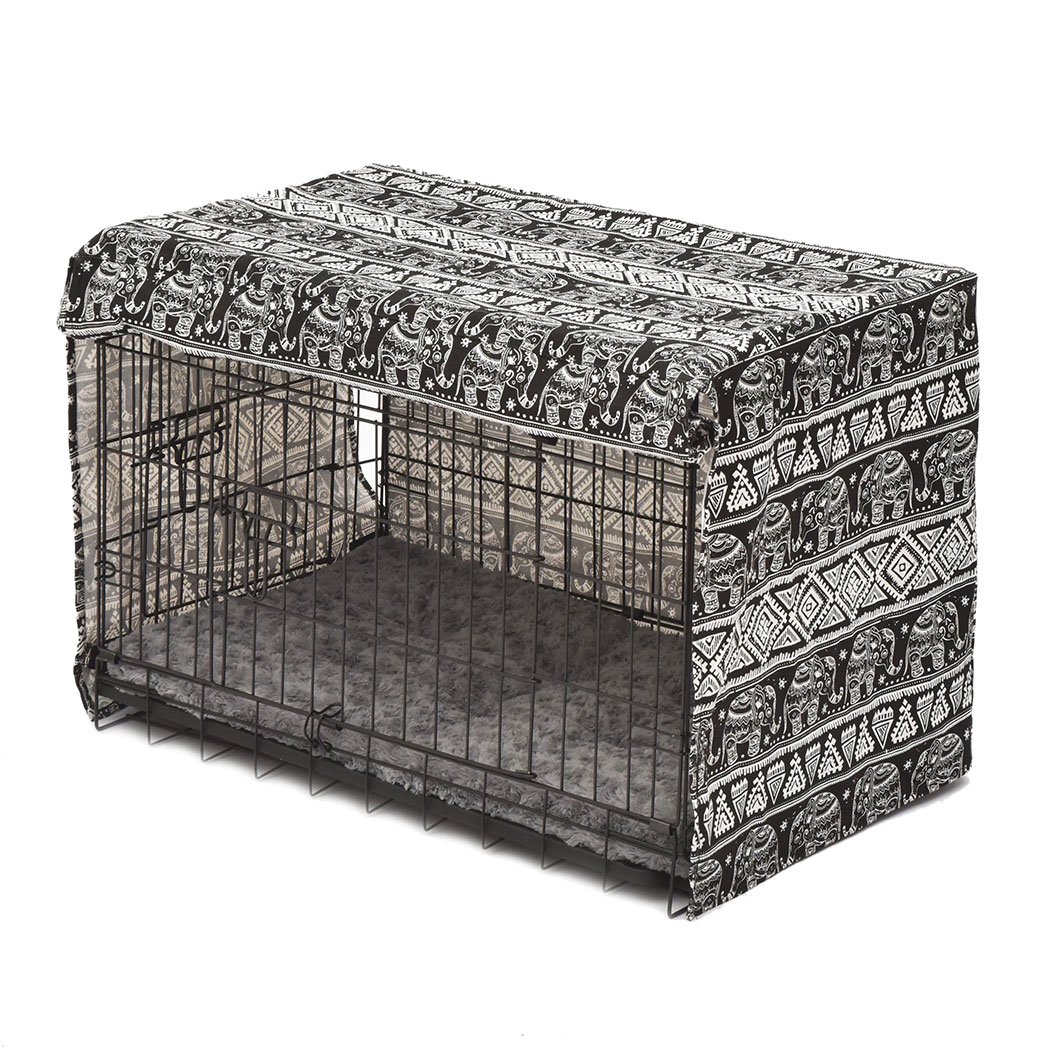 A stylish black crate cover made from durable 600D oxford fabric, featuring a double-sided rolling curtain and hook-and-loop closure, designed for pet comfort.