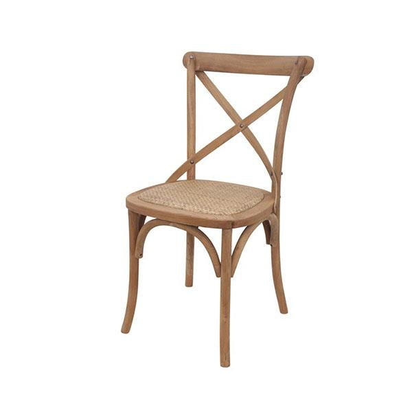 Crossback Dining Chair Natural Bentwood with curved back support and hand woven rattan seat, showcasing rustic features and oak construction.