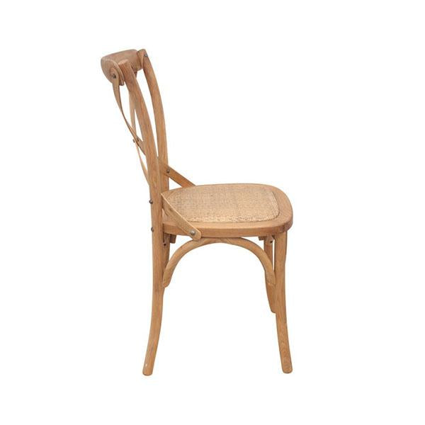 Crossback Dining Chair Natural Bentwood with curved back support and hand woven rattan seat, showcasing rustic features and oak construction.