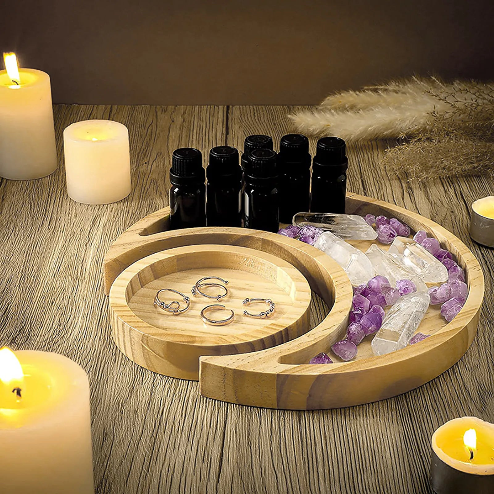 Crystal Display Wooden Tray featuring a sun and moon design, ideal for organizing jewels and stones.