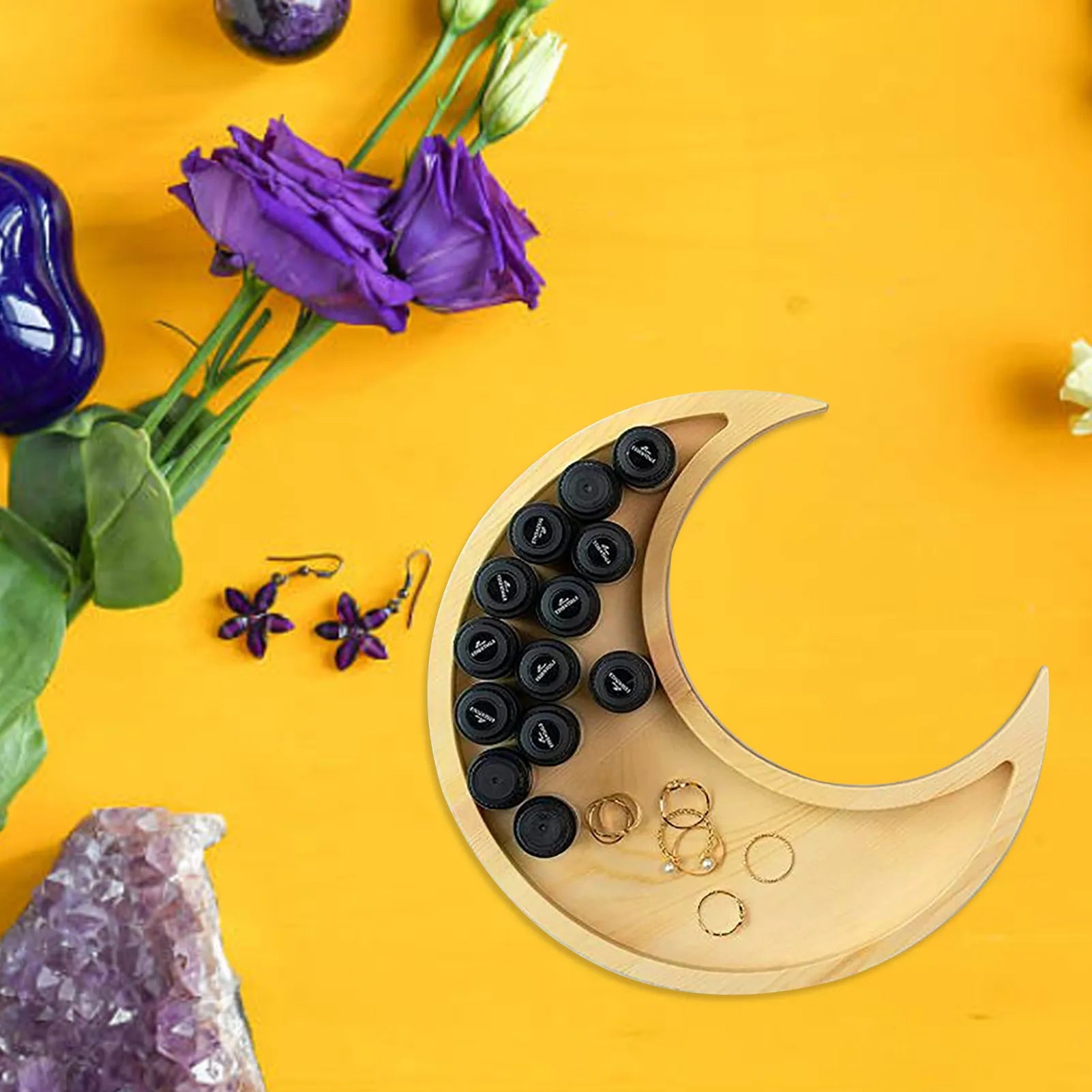 Crystal Display Wooden Tray featuring a sun and moon design, ideal for organizing jewels and stones.