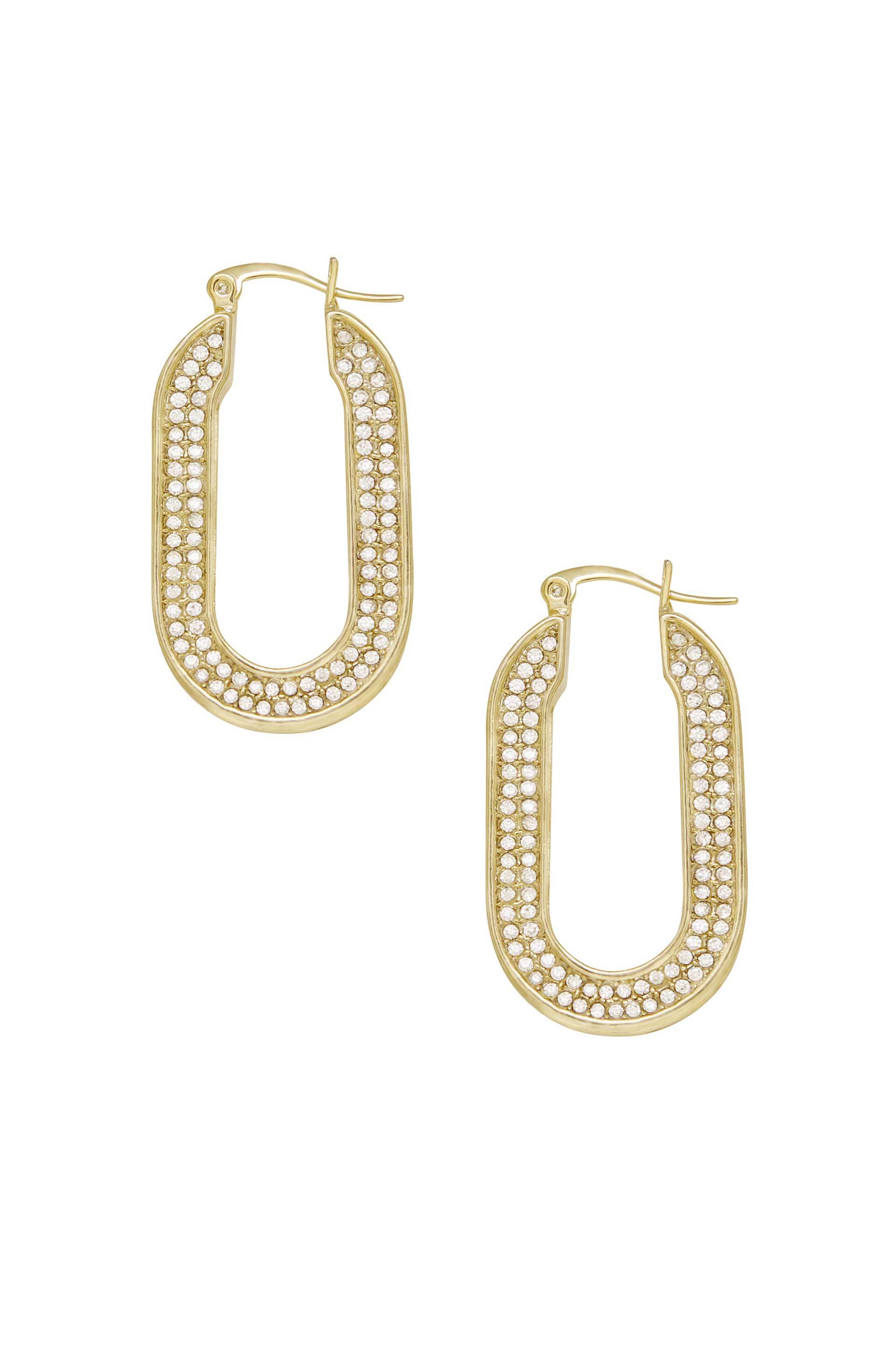 Elegant Crystal Spotlight 18k Gold Plated Hoops featuring glass accents, showcasing a luxurious design.