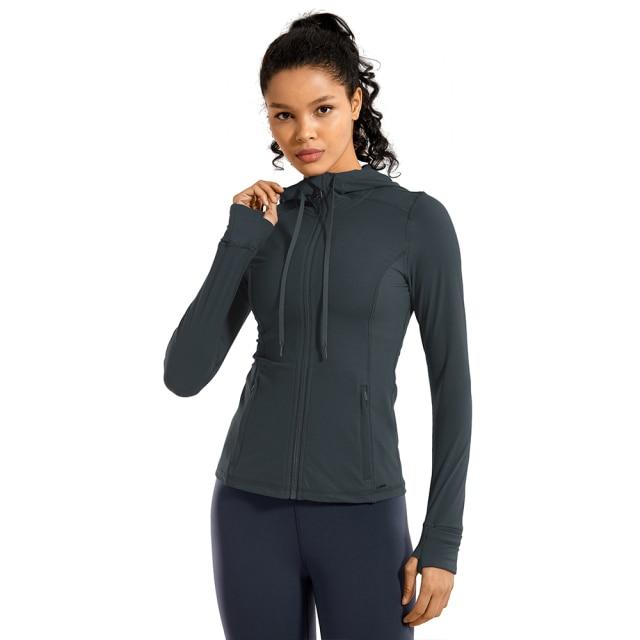 CRZ YOGA Women's Hooded Workout Track Running Jacket in stylish design, showcasing full zip and hooded features.