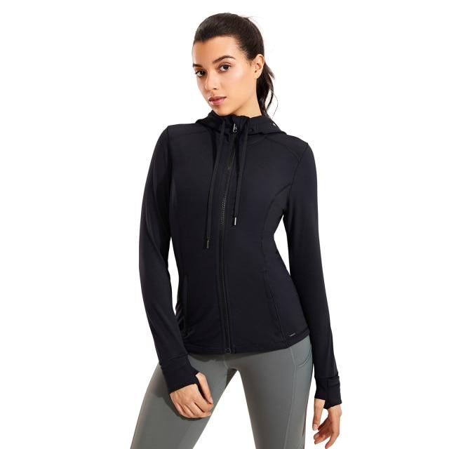 CRZ YOGA Women's Hooded Workout Track Running Jacket in stylish design, showcasing full zip and hooded features.