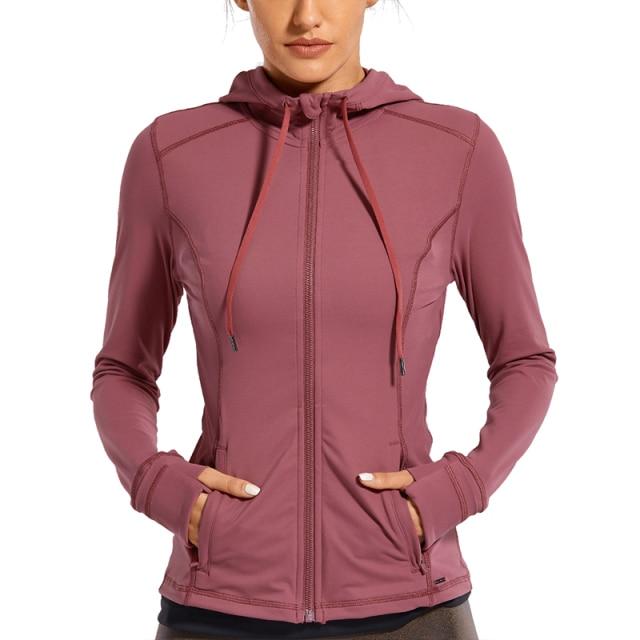 CRZ YOGA Women's Hooded Workout Track Running Jacket in stylish design, showcasing full zip and hooded features.