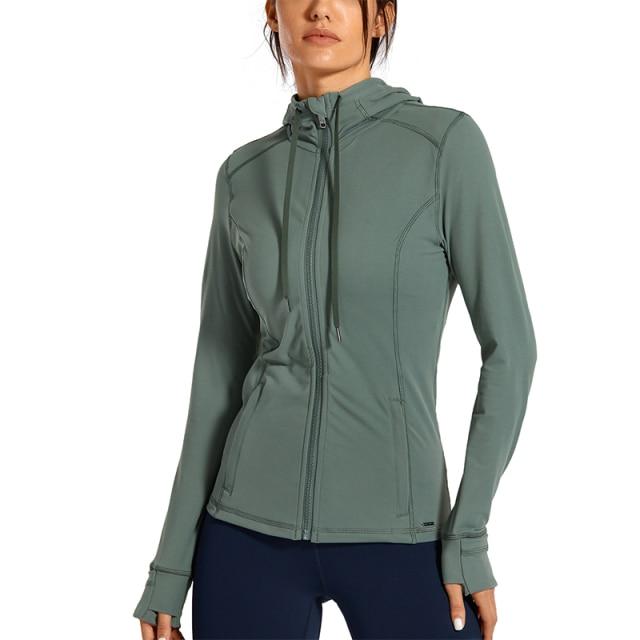 CRZ YOGA Women's Hooded Workout Track Running Jacket in stylish design, showcasing full zip and hooded features.