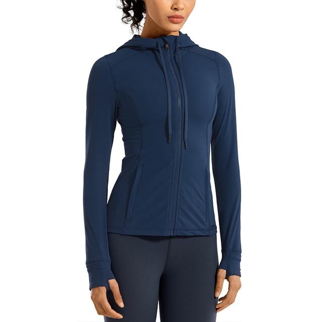 CRZ YOGA Women's Hooded Workout Track Running Jacket in stylish design, showcasing full zip and hooded features.