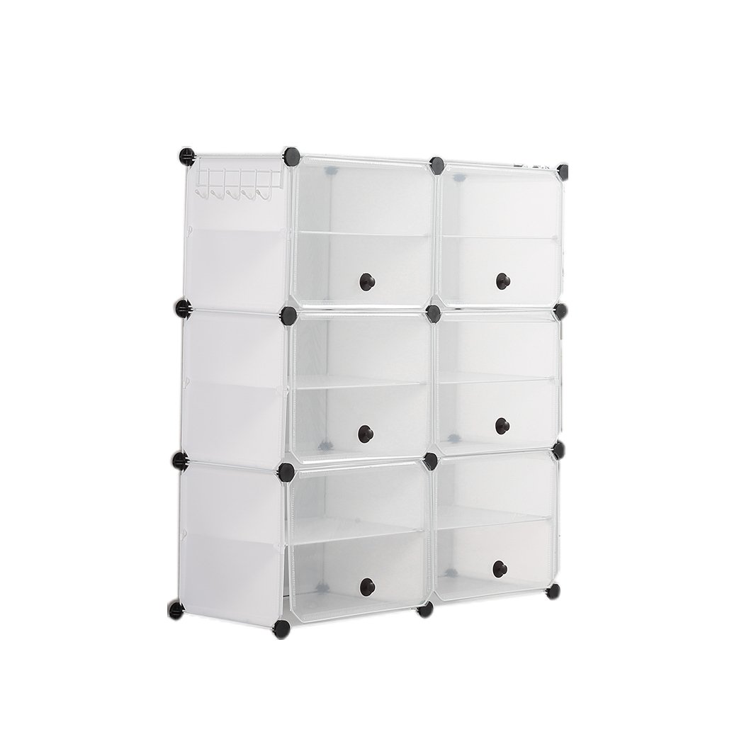 Cube Cabinet DIY Shoe Storage with transparent cover and stackable design, featuring a magnetic door and bonus hook rack for organization.