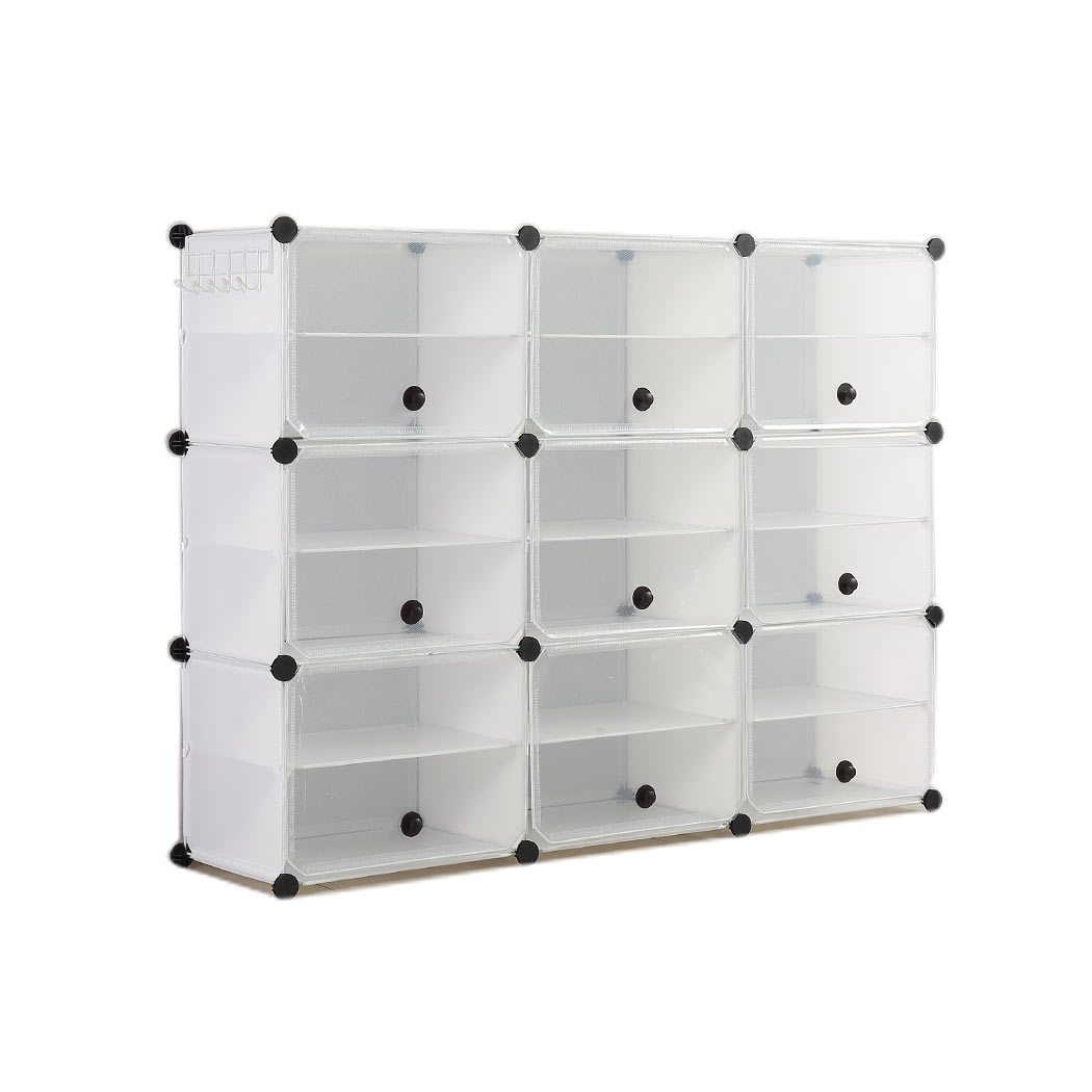 Cube Cabinet Shoe Storage with transparent cover and stackable design, featuring a magnetic door and bonus hook rack.