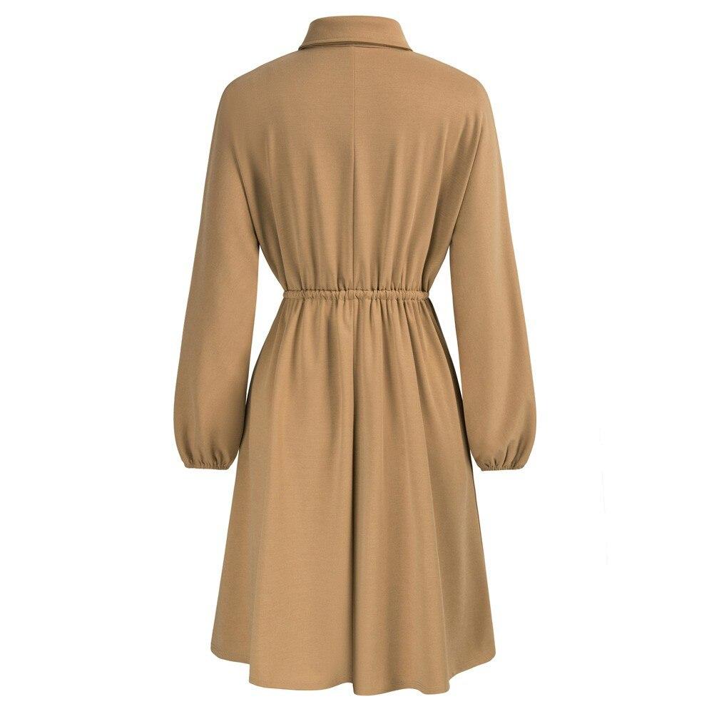 Curlbiuty Women Drawstring Waist Dress featuring long sleeves, V-neckline, and A-line silhouette in a solid color.