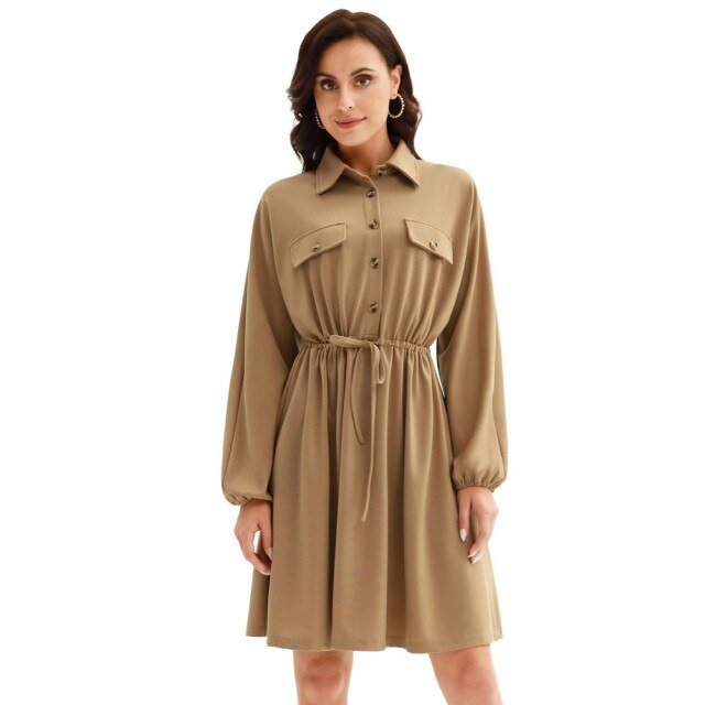 Curlbiuty Women Drawstring Waist Dress featuring long sleeves, V-neckline, and A-line silhouette in a solid color.