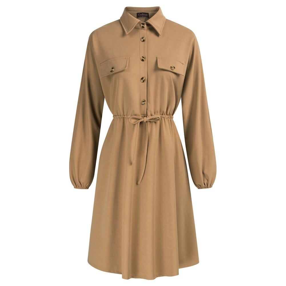 Curlbiuty Women Drawstring Waist Dress featuring long sleeves, V-neckline, and A-line silhouette in a solid color.