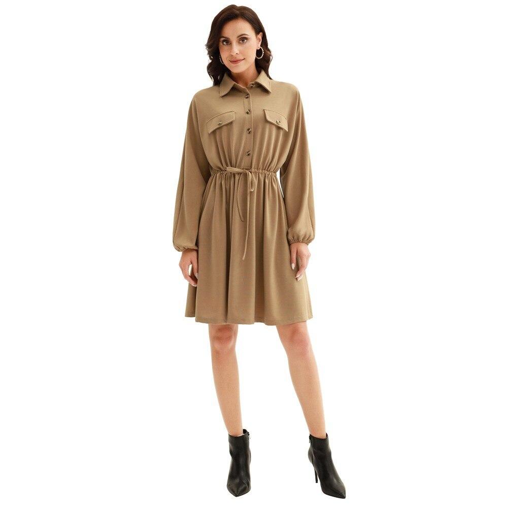 Curlbiuty Women Drawstring Waist Dress featuring long sleeves, V-neckline, and A-line silhouette in a solid color.