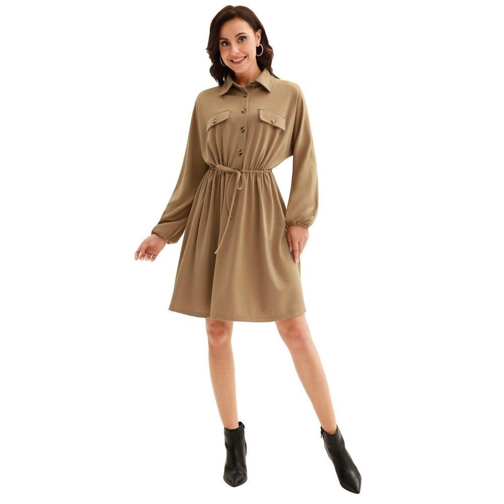 Curlbiuty Women Drawstring Waist Dress featuring long sleeves, V-neckline, and A-line silhouette in a solid color.