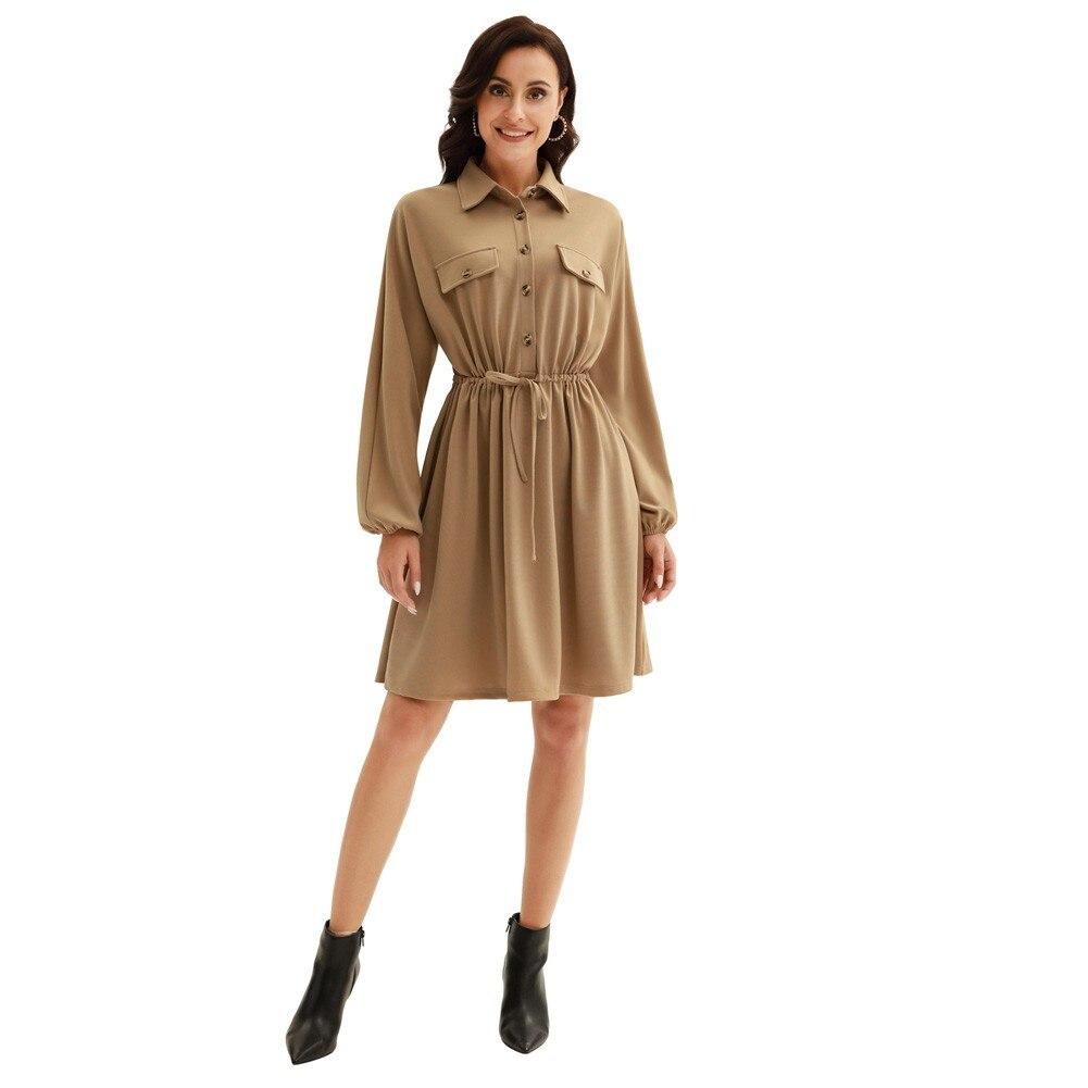 Curlbiuty Women Drawstring Waist Dress featuring long sleeves, V-neckline, and A-line silhouette in a solid color.