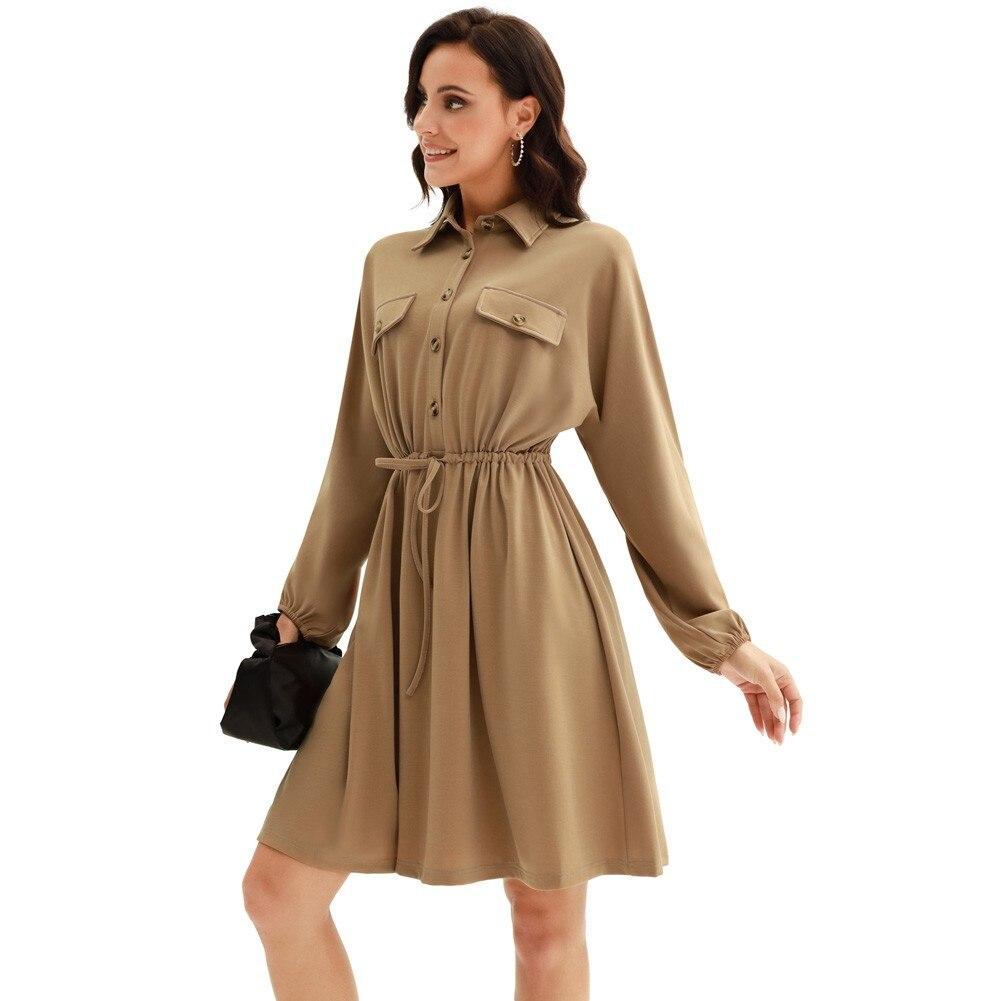 Curlbiuty Women Drawstring Waist Dress featuring long sleeves, V-neckline, and A-line silhouette in a solid color.