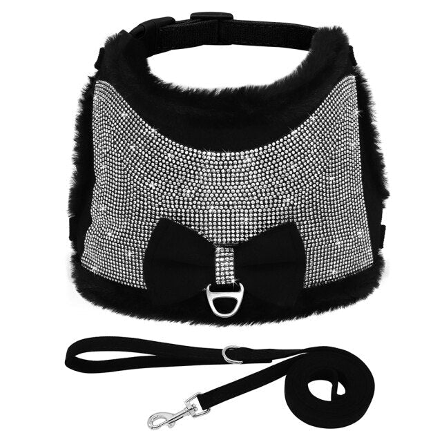 Cute Bowtie Dog Harness and Leash Set featuring bling rhinestones and a warm padded vest, available in black, blue, and pink colors.