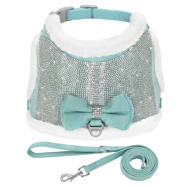 Cute Bowtie Dog Harness and Leash Set featuring bling rhinestones and a warm padded vest, available in black, blue, and pink colors.