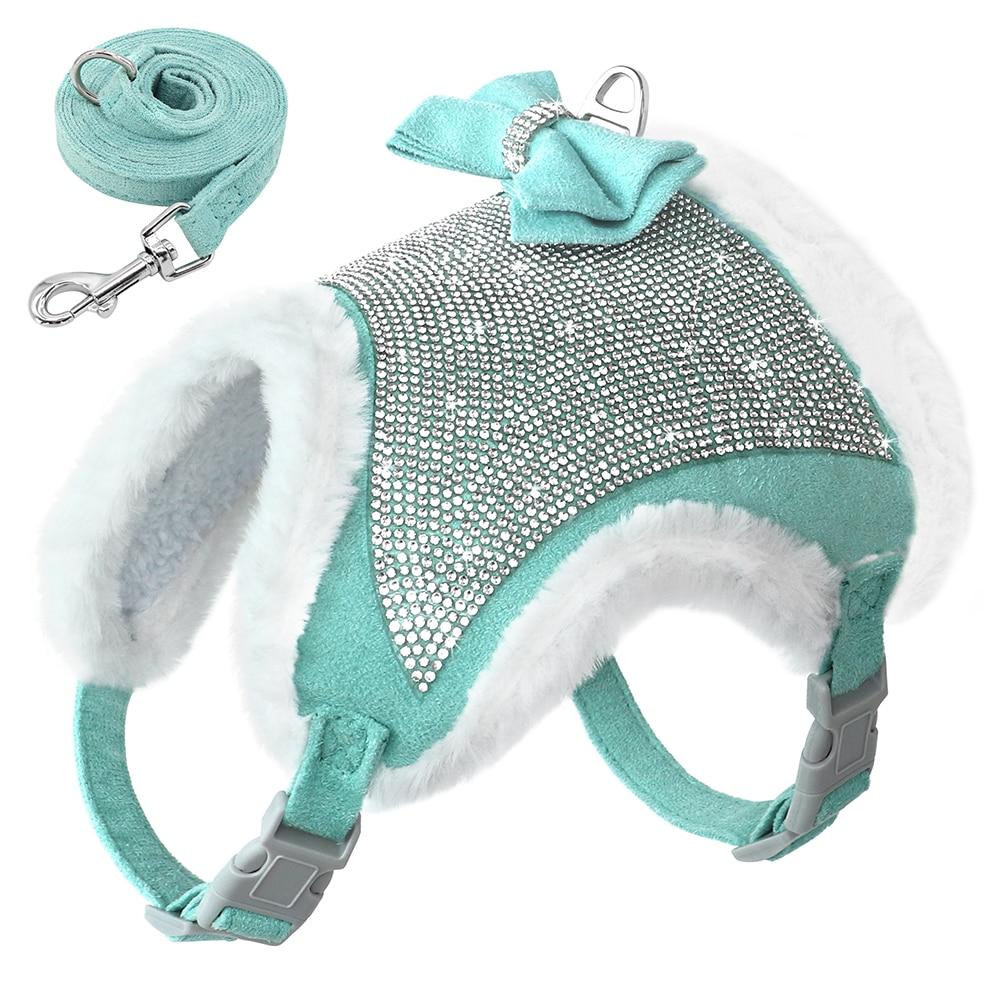 Cute Bowtie Dog Harness and Leash Set featuring bling rhinestones and a warm padded vest, available in black, blue, and pink colors.