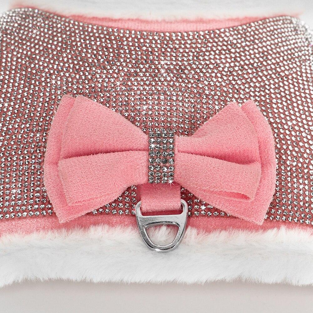 Cute Bowtie Dog Harness and Leash Set featuring bling rhinestones and a warm padded vest, available in black, blue, and pink colors.