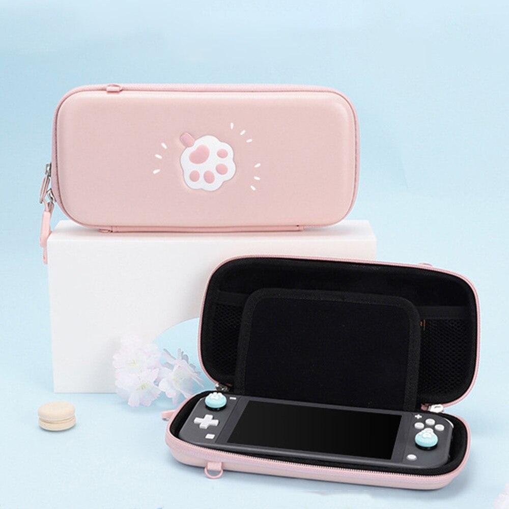 Cute pink cat bag designed for Nintendo Switch and Switch Lite, featuring hand and shoulder straps for easy carrying.