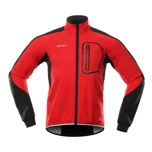 Men's winter cycling jacket in thermal softshell, windproof and waterproof, featuring reflective elements and multiple pockets.