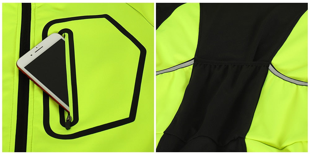 Men's winter cycling jacket in thermal softshell, windproof and waterproof, featuring reflective elements and multiple pockets.