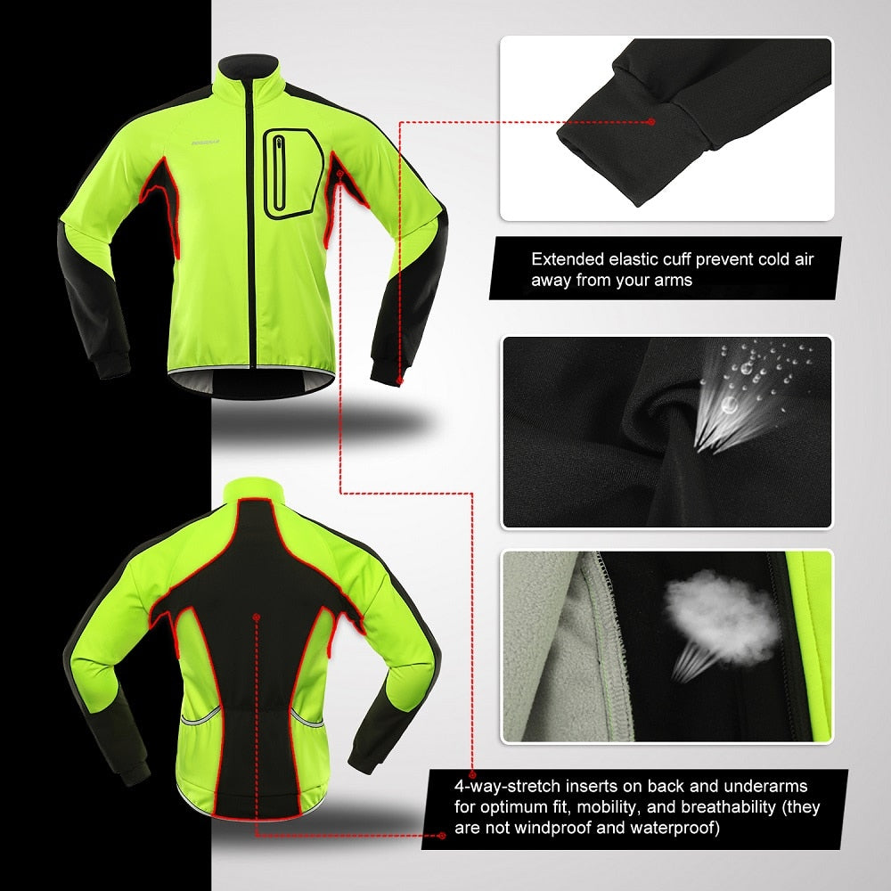 Men's winter cycling jacket in thermal softshell, windproof and waterproof, featuring reflective elements and multiple pockets.