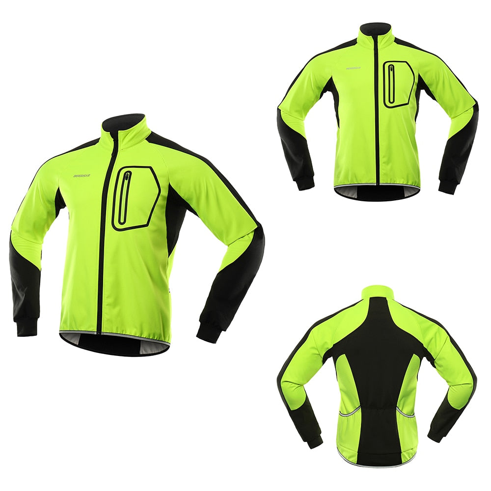 Men's winter cycling jacket in thermal softshell, windproof and waterproof, featuring reflective elements and multiple pockets.