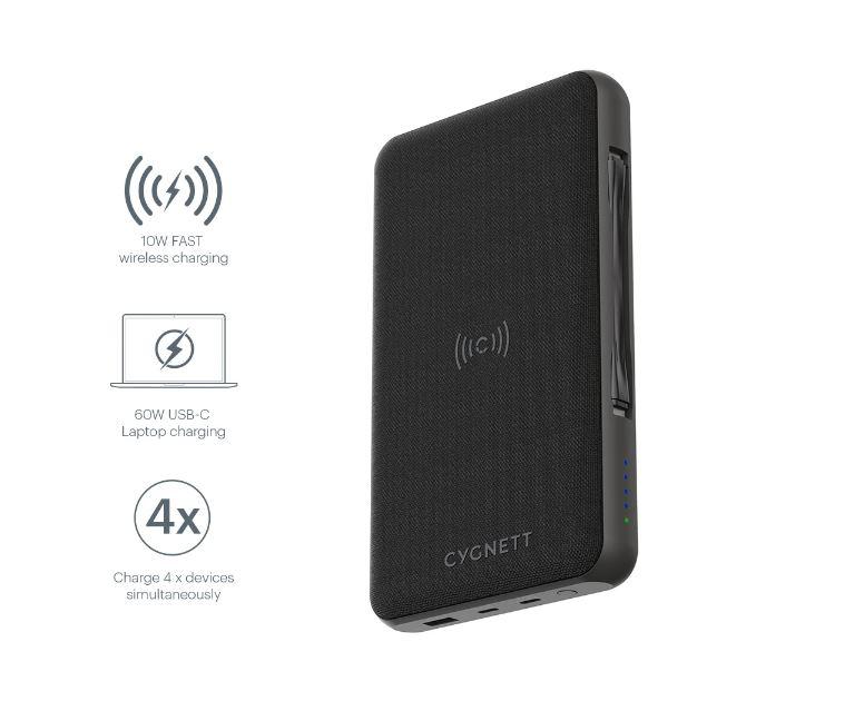 CYGNETT 27000 mAh USB-C Laptop and Wireless Power Bank in black, showcasing its sleek design and multiple charging ports.