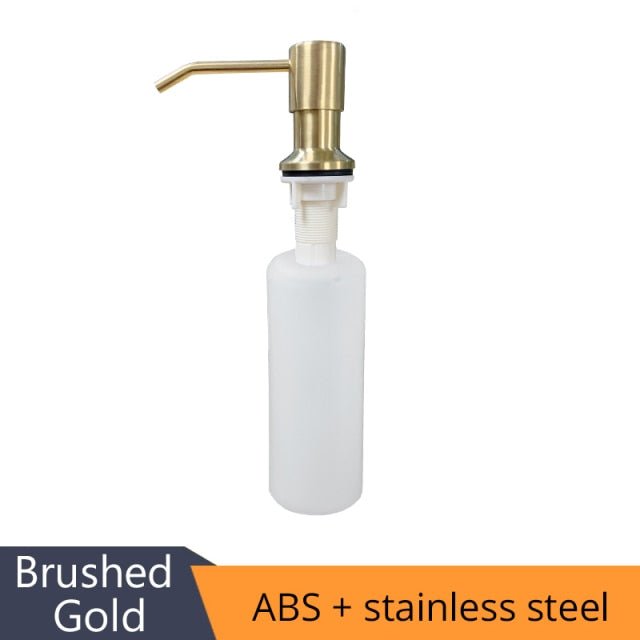 Deck mounted kitchen soap dispenser with stainless steel pump and chrome finish, designed for easy countertop installation.