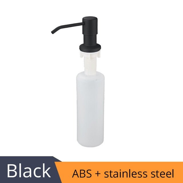 Deck mounted kitchen soap dispenser with stainless steel pump and chrome finish, designed for easy countertop installation.