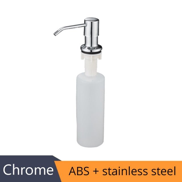 Deck mounted kitchen soap dispenser with stainless steel pump and chrome finish, designed for easy countertop installation.