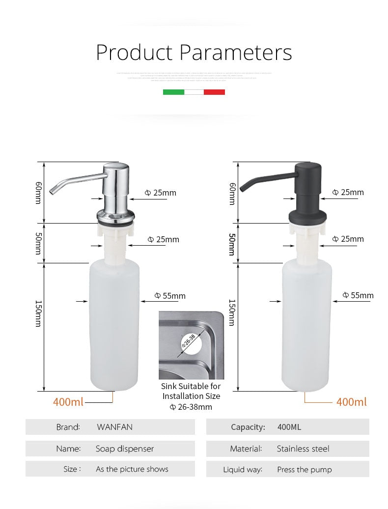 Deck mounted kitchen soap dispenser with stainless steel pump and chrome finish, designed for easy countertop installation.