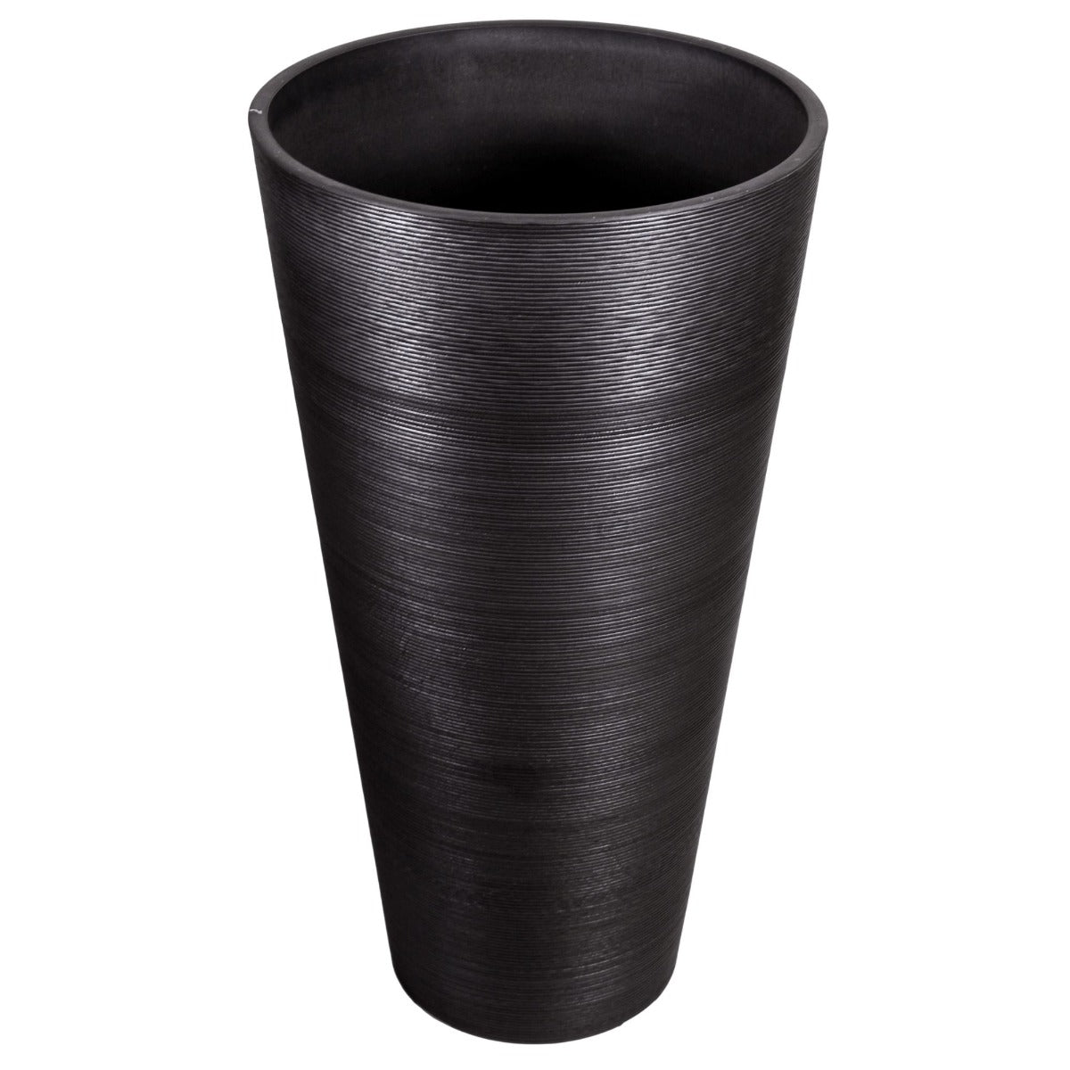 A large, textured round black planter standing 71cm tall, made from recycled materials, showcasing a unique handcrafted design.